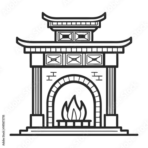 Traditional Asian Pagoda Fireplace Design for Home Decor and Illustration Projects