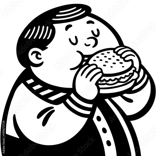 Joyful Boy Eating Hamburger Cartoon Vector Illustration for Food Lovers and Designers