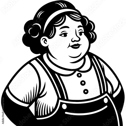 Cheerful Plump Woman in Overalls Vector Illustration for Coloring Books and Tattoo Designs
