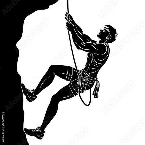 Dynamic Male Rock Climber Climbing Vertical Cliff Face with Safety Harness and Rope