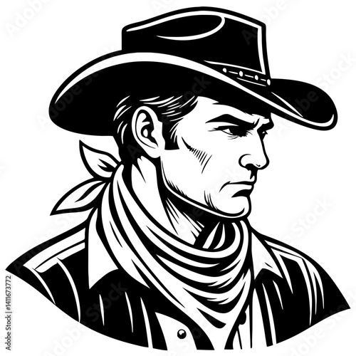 Detailed Cowboy Portrait in Classic Western Style for Tattoo and Vintage Art Design