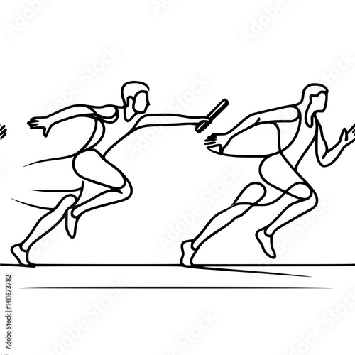 Dynamic line drawing of runners competing in a relay race, single line vector  