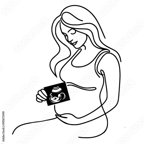 Expectant mother joyfully admiring ultrasound against white background , single line vector