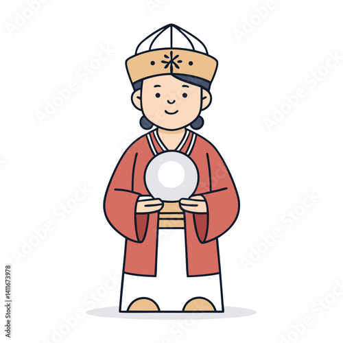 Fortune Teller Holding Crystal Ball in Traditional Outfit with Calm Expression