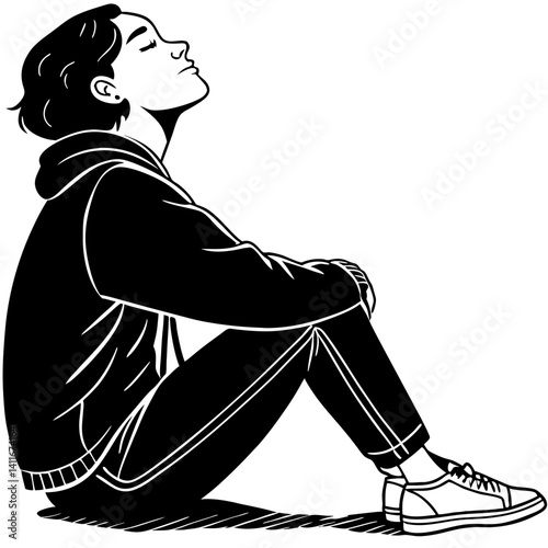 Contemplative Young Woman Sitting in Casual Attire with Short Hair