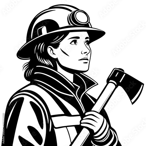 Female Miner Portrait Holding Axe in Protective Gear Symbolizing Strength and Resilience