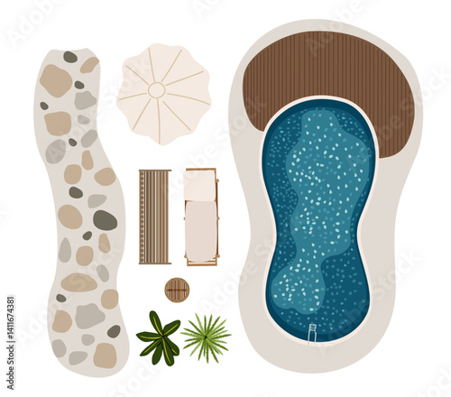 Top view of furniture icons for interior and landscape design plan. Sunbed, bench, table, plants, terrace, pool, patio, garden, porch zone. Vector illustrations isolated on transparent background.
