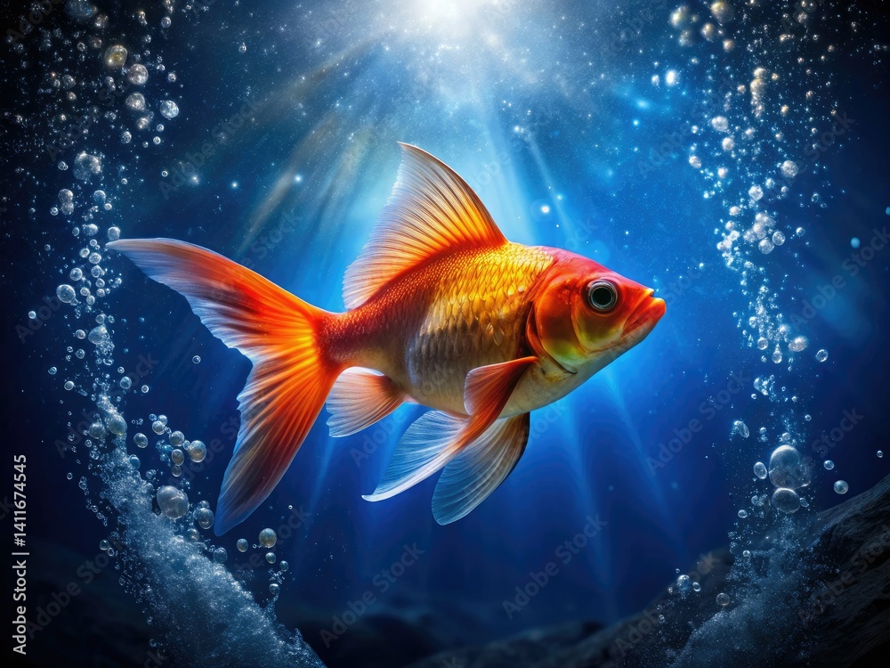 Fototapeta premium Blue Water Goldfish Silhouette, Air Bubbles, Aquatic Life, Underwater Photography, Fish Silhouette, Goldfish Bubbles, Silhouette Background, Dark Background