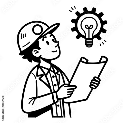 Creative Engineer Holding Blueprint with Light Bulb and Gear Concept for Innovation Design