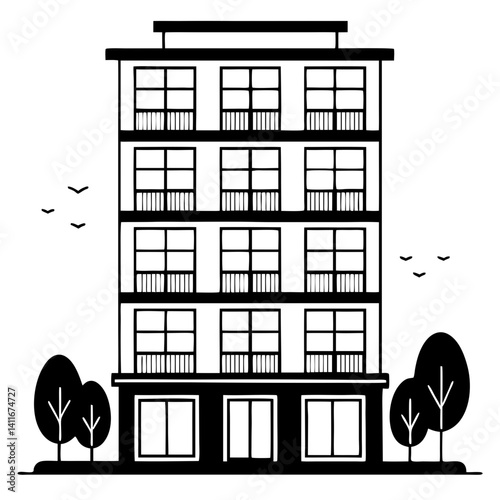 Modern Urban Apartment Building Design with Trees and Birds for Architecture Projects