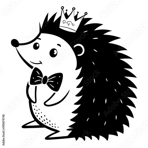 Cute Cartoon Hedgehog Wearing Crown and Bow Tie Ideal for Children’s Designs and Crafts