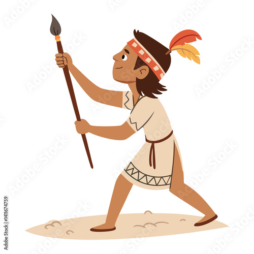 Native American Character with Spear and Feathered Headdress in Adventure Pose