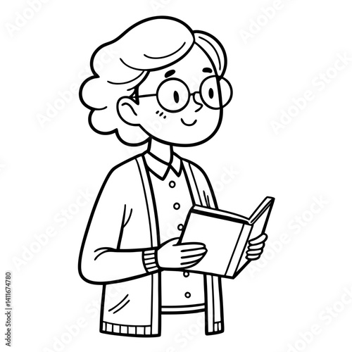 Young Woman Reading Book Line Art Illustration for Coloring Books and Educational Materials