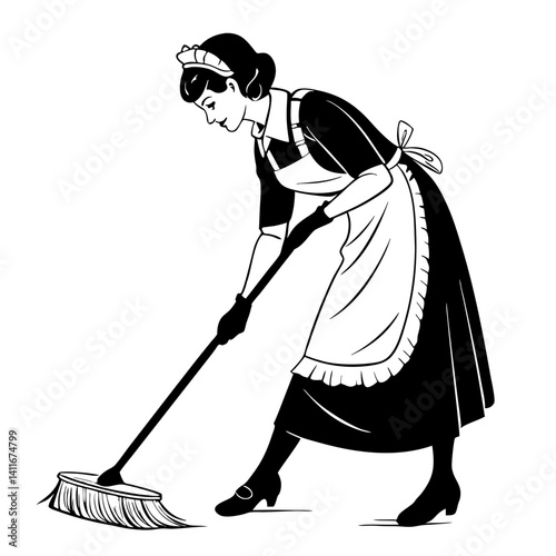 Vintage Maid Cleaning Vector Design with Broom for Home Decor and Illustration Projects