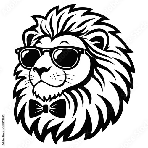 Stylish Lion in Sunglasses with Bow Tie Cool Character Design for Apparel and Merchandise