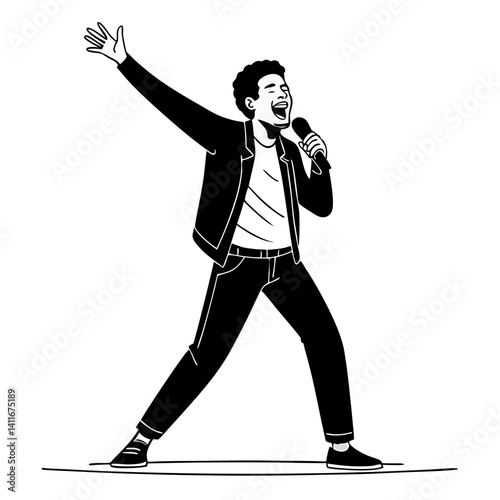 Dynamic Male Singer Performing Energetically with Microphone in Bold Graphic Style