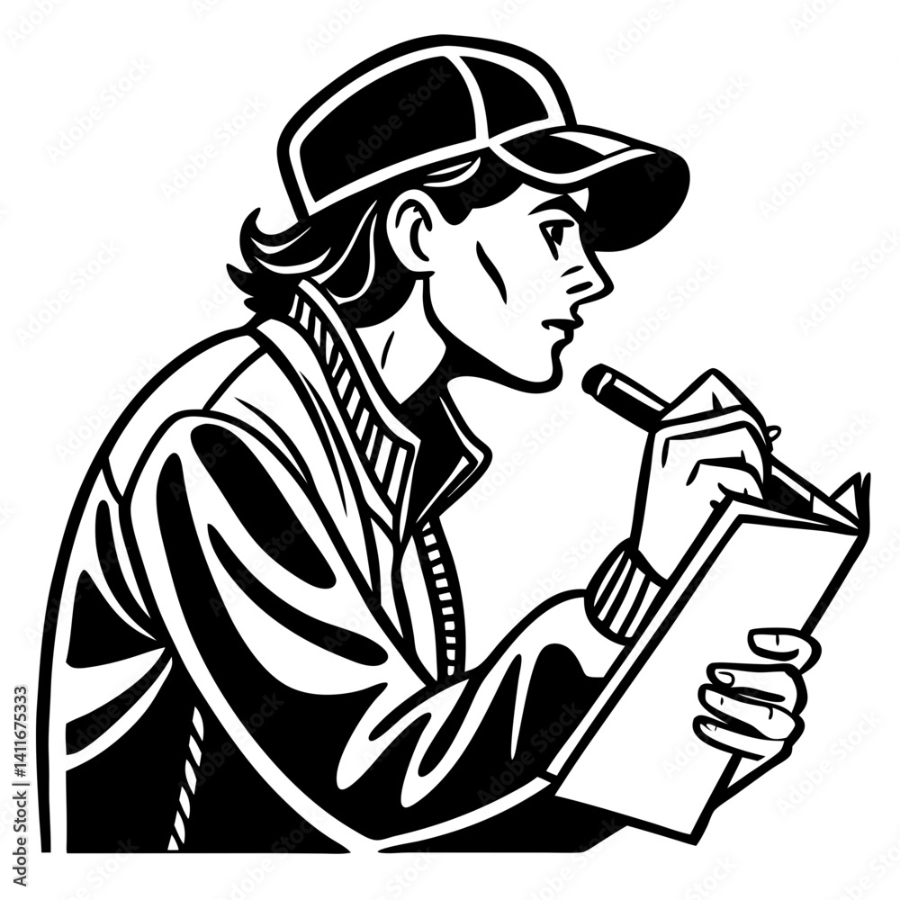 Creative Young Artist Sketching Ideas in Notepad Wearing Cap and Jacket