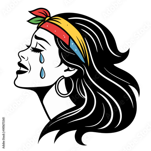 Elegant Woman with Bandana and Tears Vector Art for Tattoo Design and Coloring Books