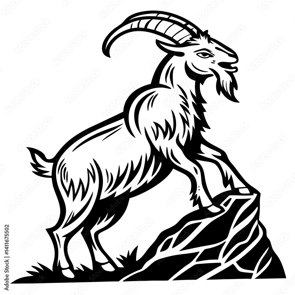 Fototapeta premium Majestic Goat Climbing Rocky Peak Bold Line Art Illustration for Tattoo and Design Projects
