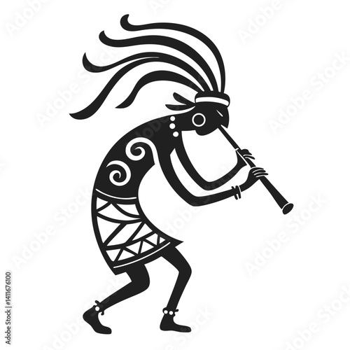 Stylized Native American Musician Playing Flute Silhouette for Tattoo and Graphic Designs