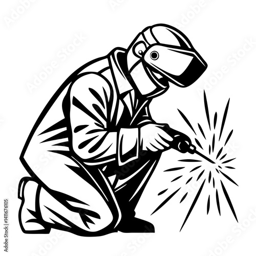Welder in Action Creating Sparks During Metal Fabrication Process for Industrial Designs