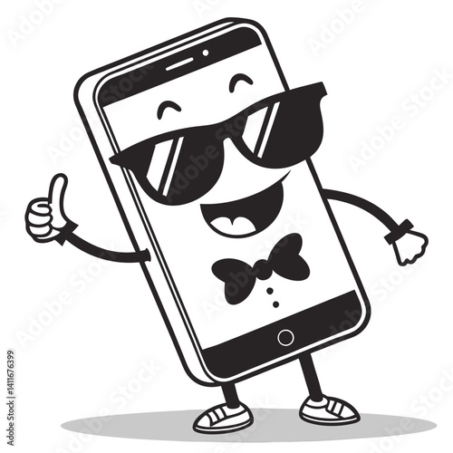 Cheerful Cartoon Smartphone Character with Sunglasses and Bowtie for Fun Designs