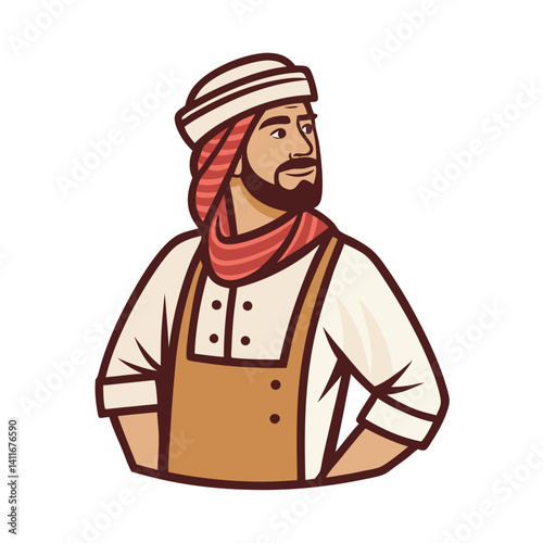 Arabian Man in Traditional Attire with Apron and Scarf for Cultural Illustrations