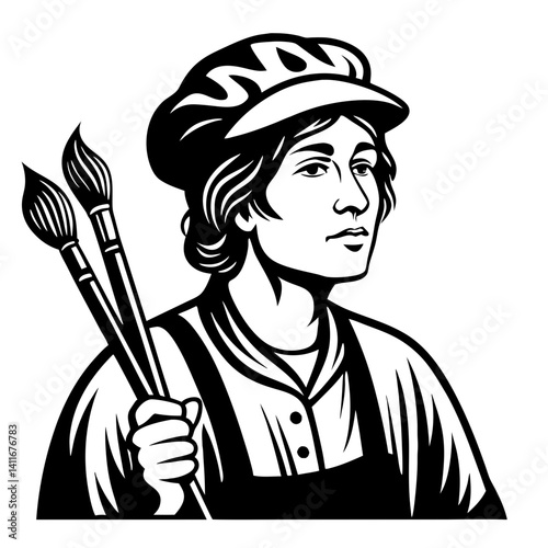 Artist Character Holding Paintbrushes in a Creative Pose for Art and Design Projects