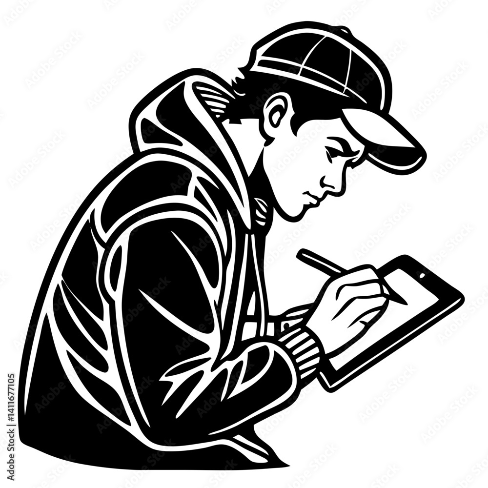 Young Artist Sketching on Digital Tablet in Casual Hoodie and Cap Artistic Illustration Young Artist Sketching on Digital Tablet in Casual Hoodie and Cap Artistic Illustration
