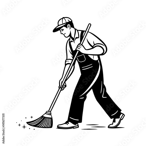 Manual Worker Sweeping Floor with Broom in Classic Style Graphic for Cleanliness Projects
