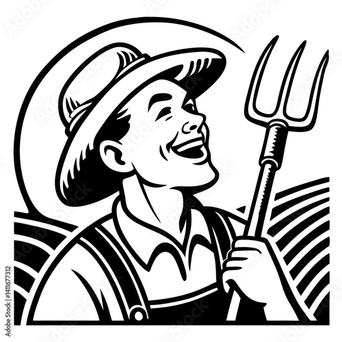 Cheerful Farmer Holding Pitchfork in Field Friendly Agriculture Illustration