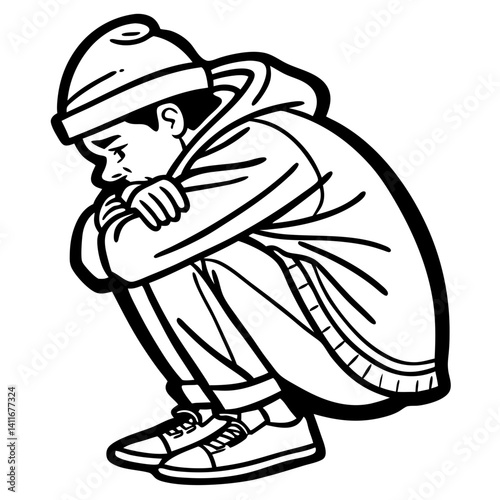 Sad Boy Illustration in Coat and Beanie for Coloring Book and Tattoo Inspiration
