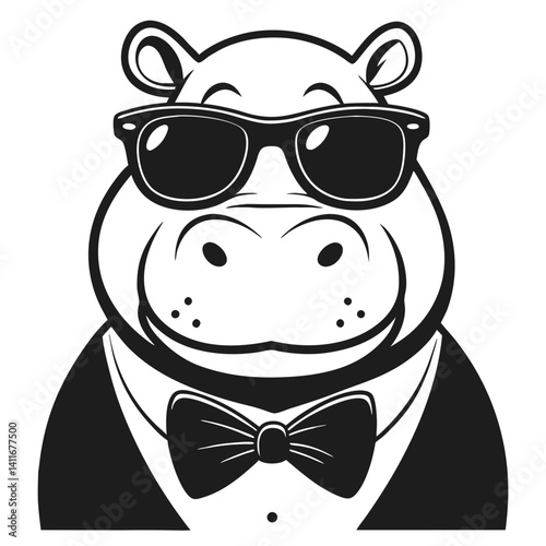 Stylish Hippo in Sunglasses Tuxedo for Fun Party Themes Coloring Book Tattoo Design