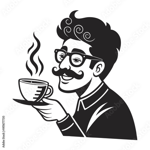 Hipster Man Drinking Coffee Vector Illustration with Stylish Mustache and Glasses