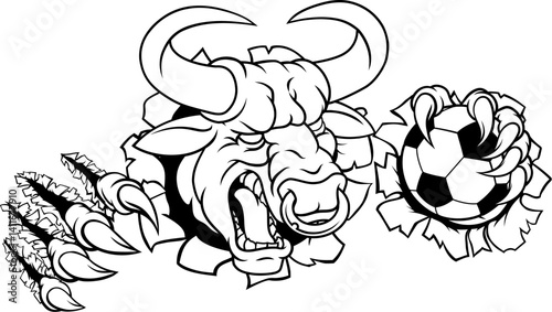 A bull or Minotaur monster longhorn cow angry mean soccer football mascot cartoon character.