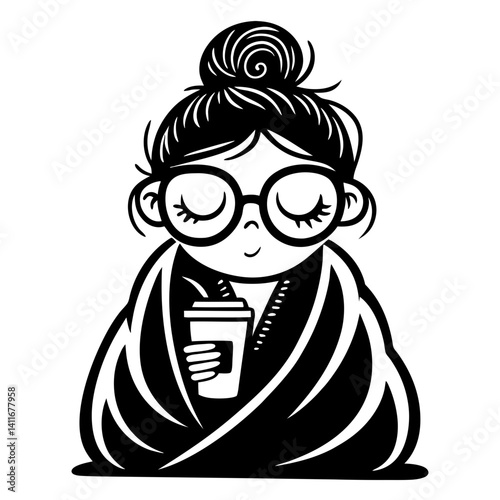 Cozy Girl in Glasses Holding Drink Wrapped in Blanket for Relaxation and Comfort Themes