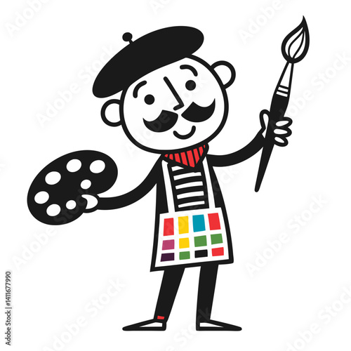 Cheerful Cartoon Artist Holding Palette and Paintbrush in Colorful Outfit
