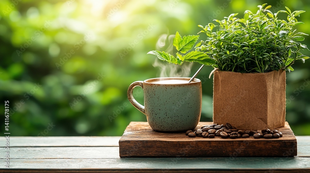 Morning coffee in a garden setting Morning coffee in a garden setting