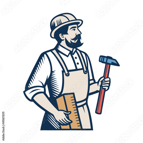Vintage Carpenter Holding Hammer and Ruler in Work Attire for Craftsmanship and DIY Projects