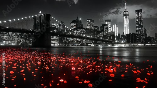 Stunning black and white cityscape of New York at night with vibrant red flowers in the foreground
