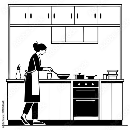Inspired Woman Cooking in Modern Kitchen Illustration for Culinary Projects