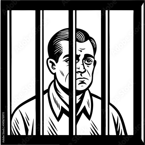 Prisoner Behind Bars Illustrative Black and White Vector Art for Various Design Projects