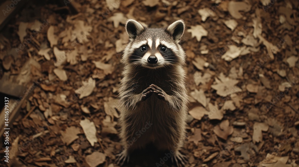 Naklejka premium A curious raccoon stands with hands clasped looking directly at the viewer