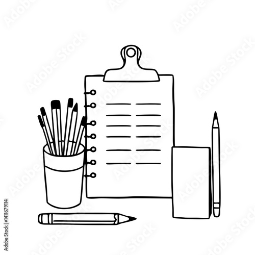 Stylish Office Supplies Illustration with Notepad Writing Tools and Pencil Holder