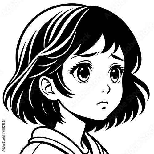 Thoughtful Young Girl Portrait in Elegant Black and White Outline Art for Coloring Projects