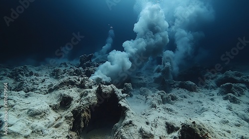 Underwater hydrothermal vent, plumes of white steam