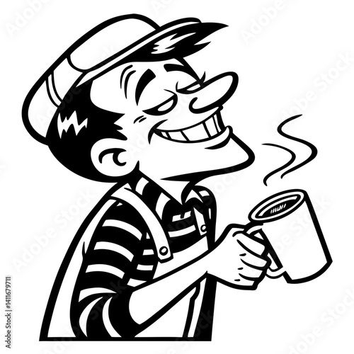 Cheerful Vintage Character Enjoying Hot Beverage in Overalls and Striped Shirt