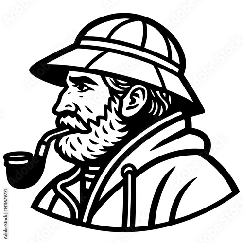 Fisherman Character Portrait with Pipe and Hat for Vintage Style Artwork and Tattoo Designs