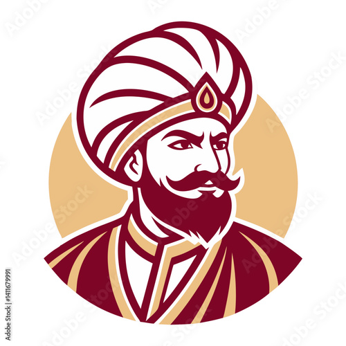 Regal Indian King Illustration with Turban and Mustache for Cultural Design Projects