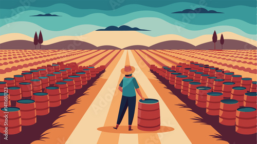 Even the smallest of farmers hasnt been spared by the catastrophic effects of climate change with rows upon rows of empty barrels testament to the grim reality of the situation.. Vector illustration